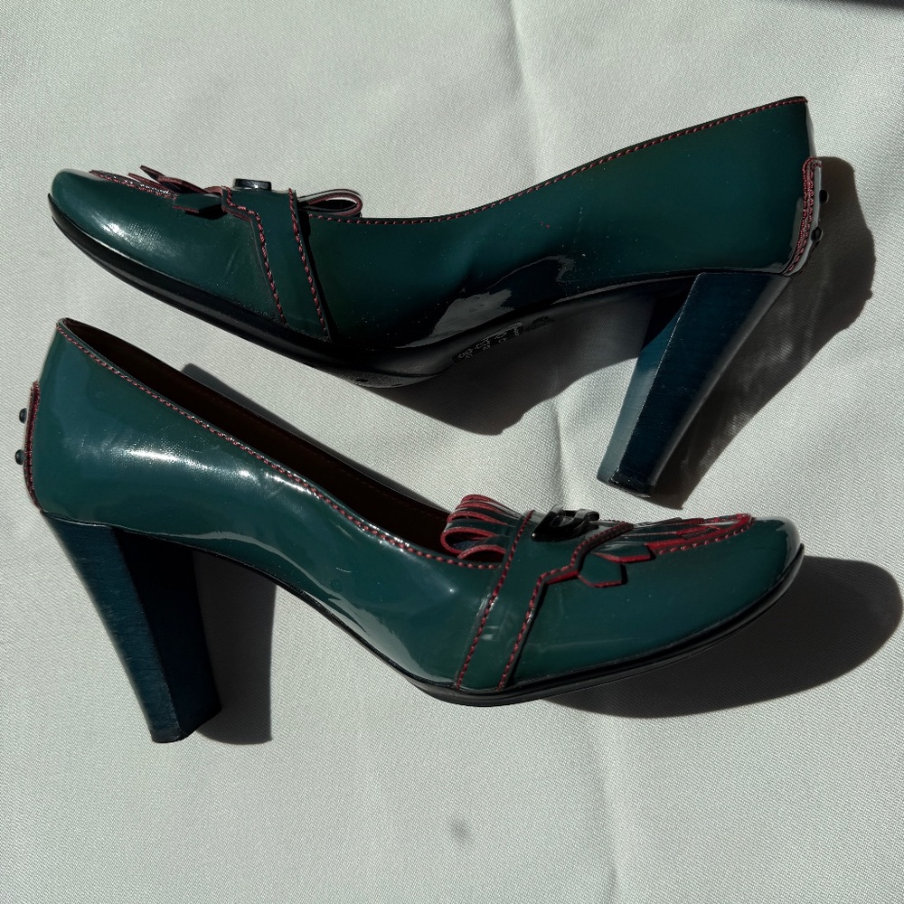 Tod’s Patent Leather Heeled Driving Loafers (Green/Red)